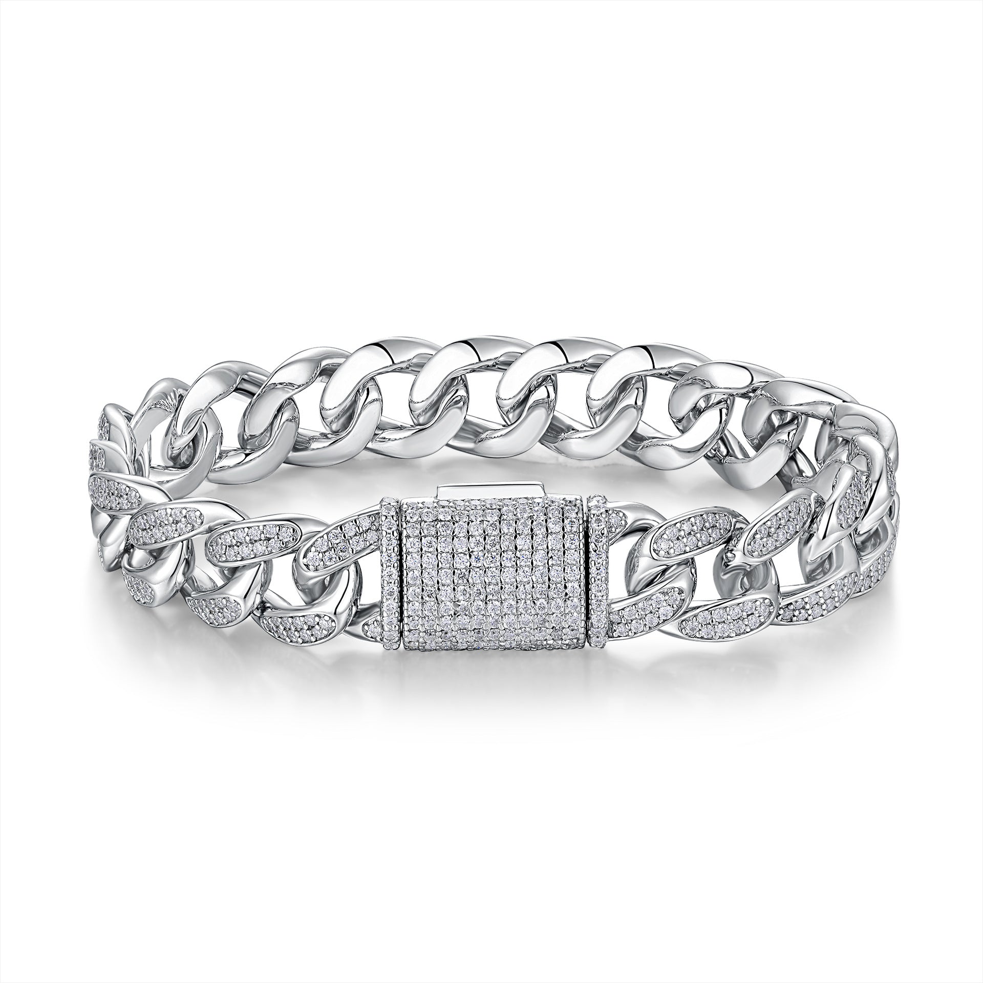High-quality 12mm moissanite iced out Cuban link chain bracelet in 925 sterling silver, luxury hip hop jewelry for men.