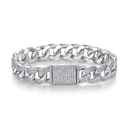 High-quality 12mm moissanite iced out Cuban link chain bracelet in 925 sterling silver, luxury hip hop jewelry for men.