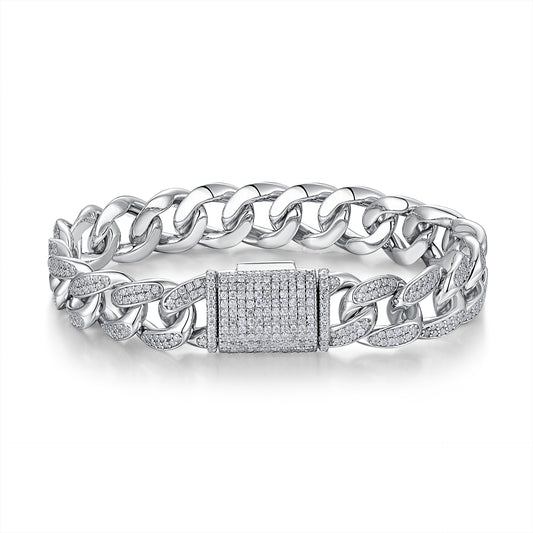 High-quality 12mm moissanite iced out Cuban link chain bracelet in 925 sterling silver, luxury hip hop jewelry for men.