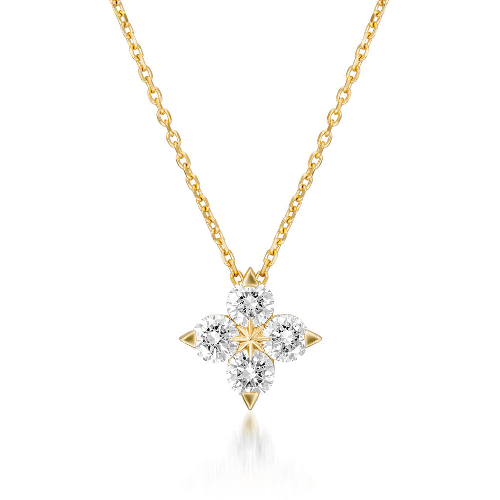  Clover pendant on soft green or cream background. Alt: “14K Gold-Plated Moissanite Four-Leaf Clover Necklace.”