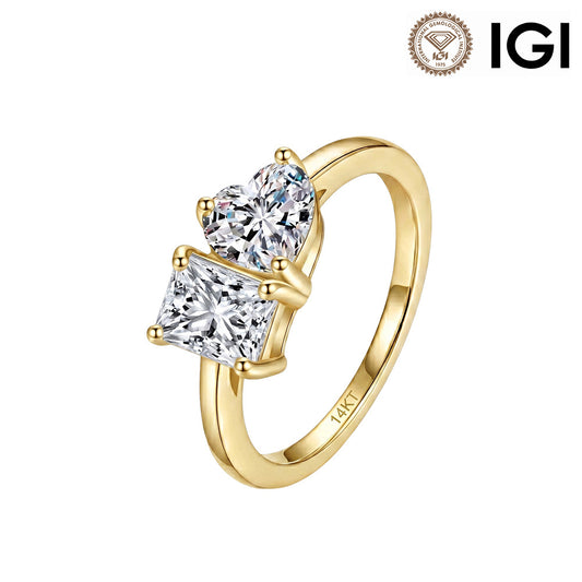 14k yellow gold heart and princess cut toi et moi lab-grown diamond engagement ring with IGI logo isolated on white background