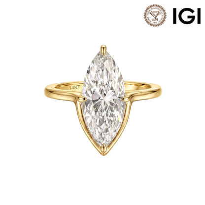 14k yellow gold marquise cut lab diamond solitaire V engagement ring with IGI logo isolated on white studio background   
