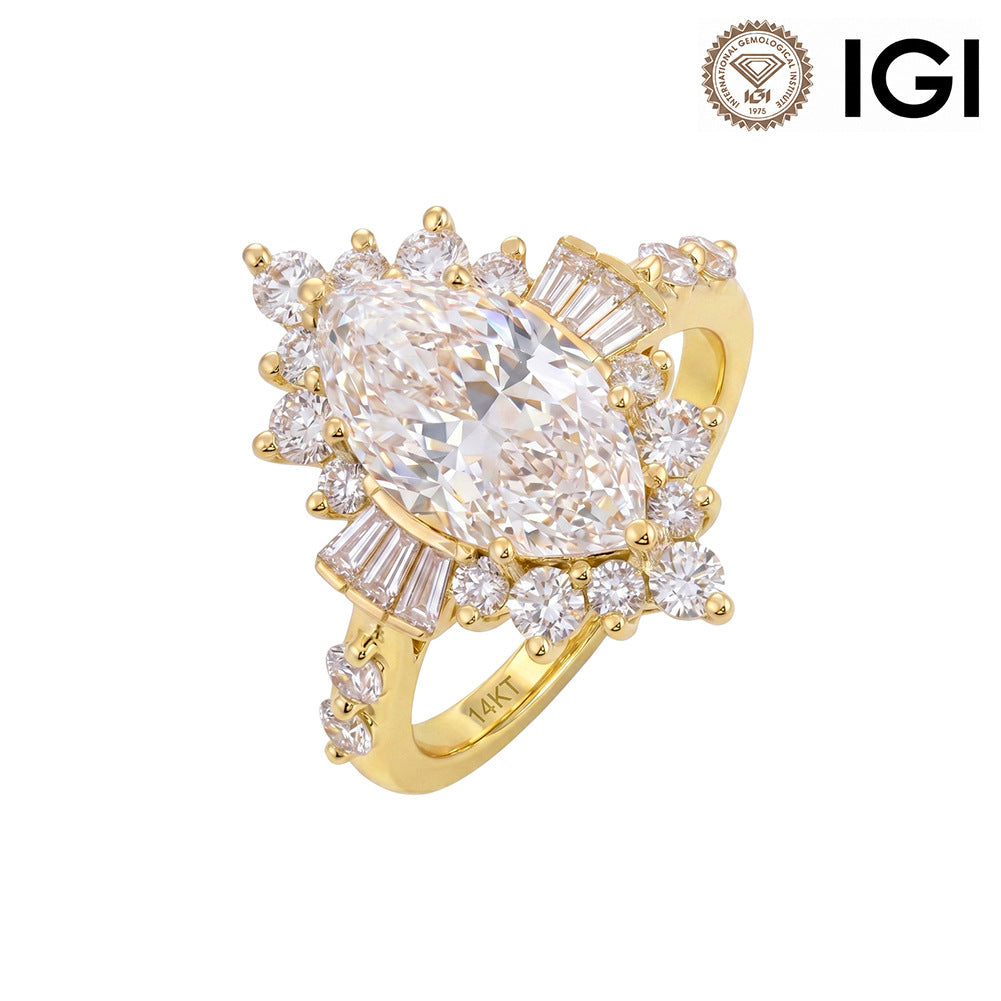 14k yellow gold marquise cut lab diamond starburst halo engagement ring with IGI logo isolated on white background