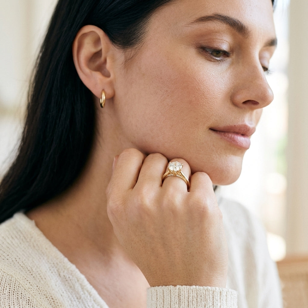 Model wearing 14k yellow gold round lab diamond six-prong engagement ring with hand near chin