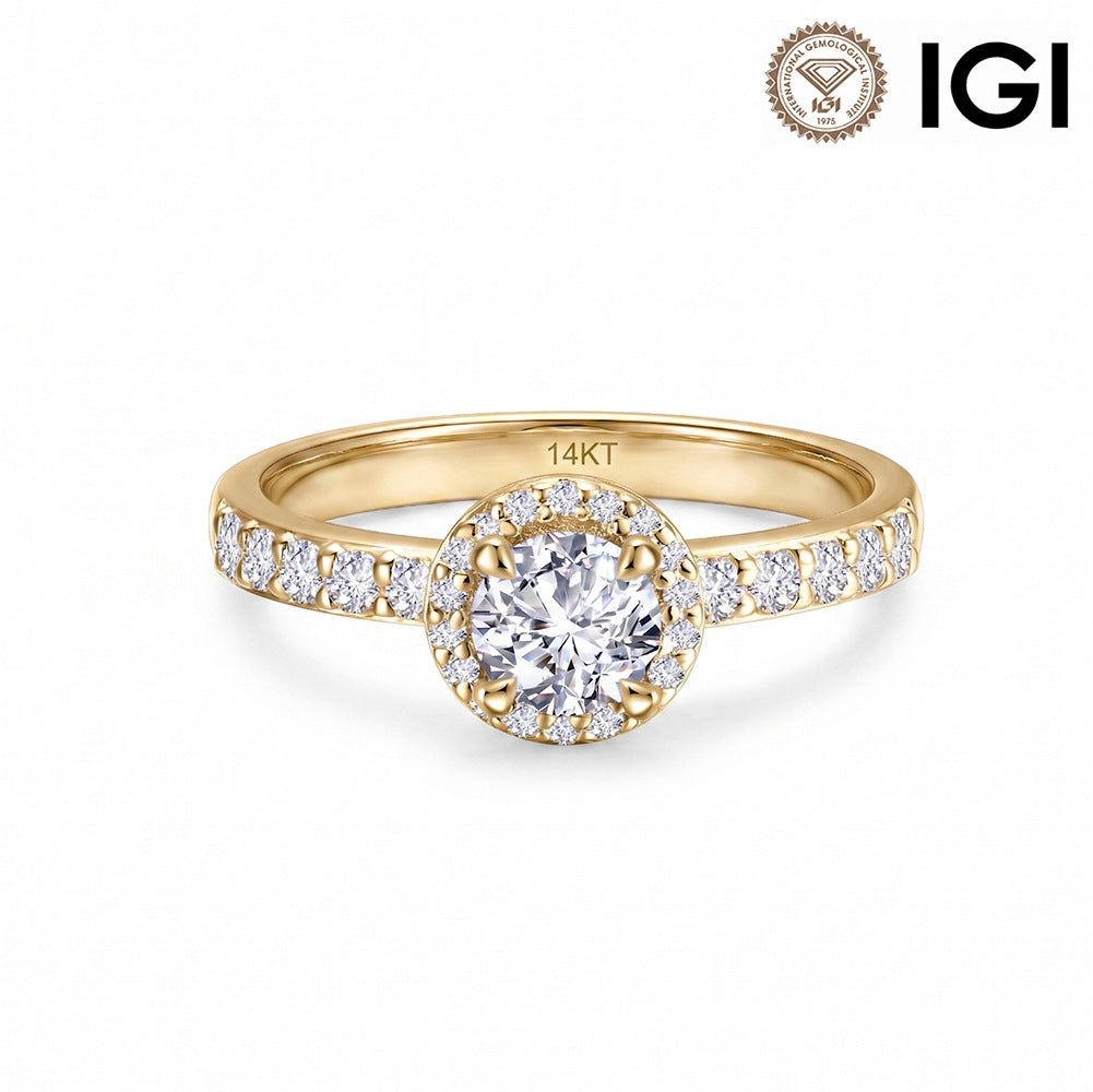 14k yellow gold round brilliant lab diamond halo engagement ring with pave band and IGI logo on white studio background