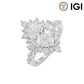 14k white gold marquise cut lab diamond starburst halo engagement ring with IGI logo on white background   