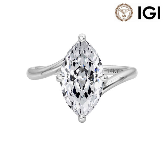 14k white gold marquise cut lab-grown diamond twist solitaire engagement ring with IGI logo isolated on white background