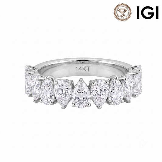 14k white gold pear cut lab diamond eternity engagement ring with IGI logo isolated on white studio background
