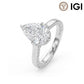 14k white gold pear cut lab-grown diamond hidden halo pave engagement ring with IGI logo on white background   