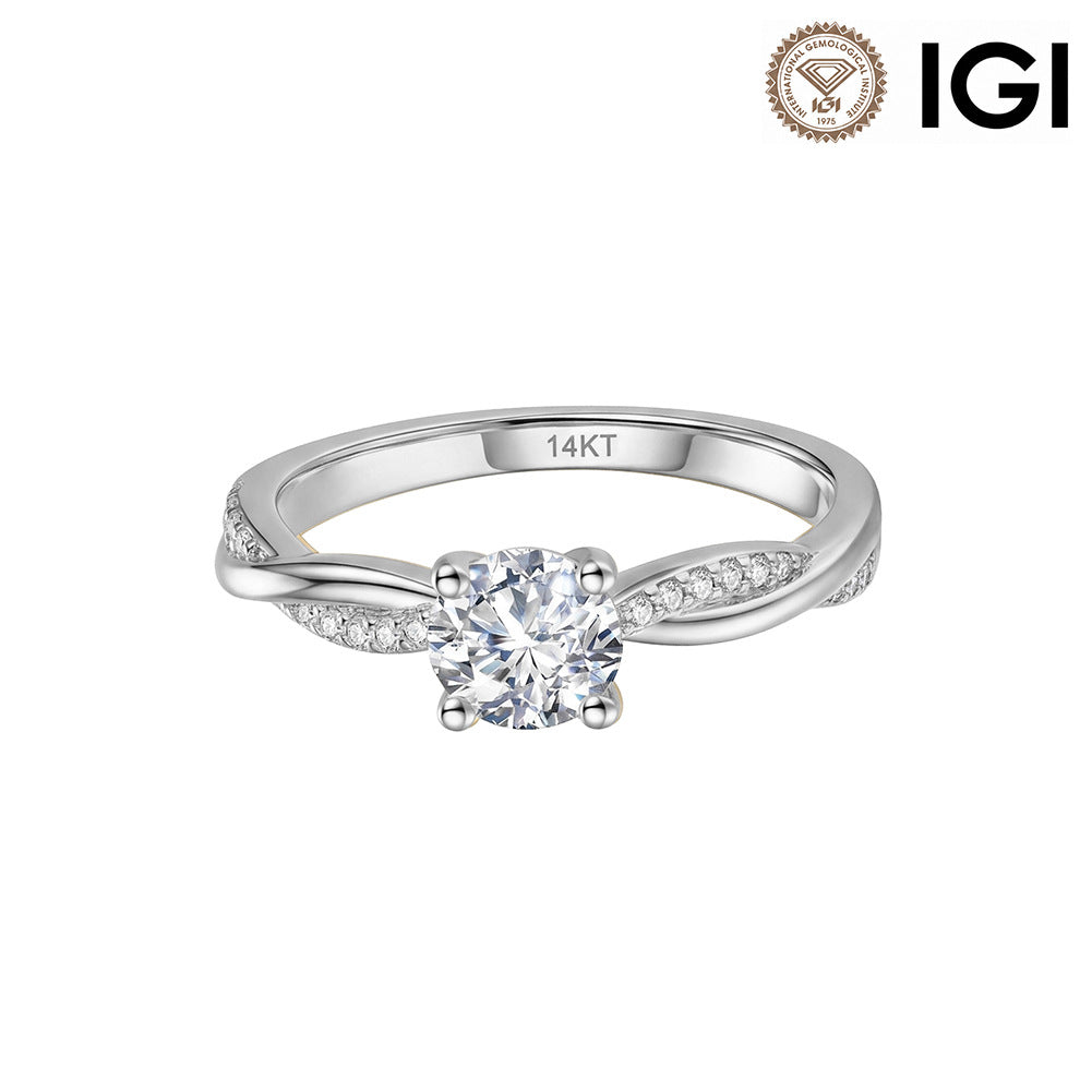 14k white gold round cut lab-grown diamond twist vine engagement ring with IGI logo isolated on white studio background