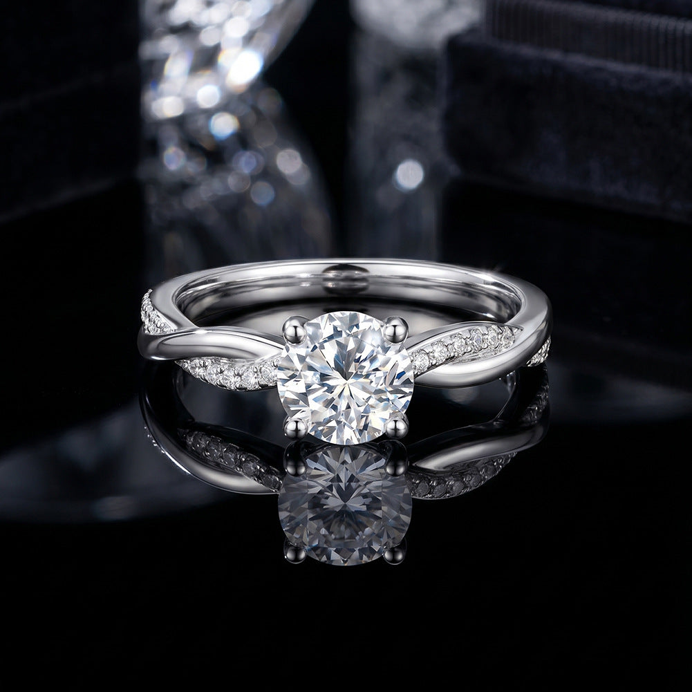 14k white gold round brilliant lab-grown diamond twist vine ring on black reflective velvet display