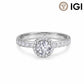 14k white gold round brilliant lab diamond halo engagement ring with pave band and IGI logo isolated on white background