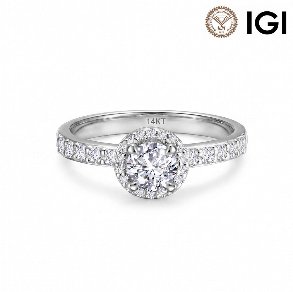 14k white gold round brilliant lab diamond halo engagement ring with pave band and IGI logo isolated on white background