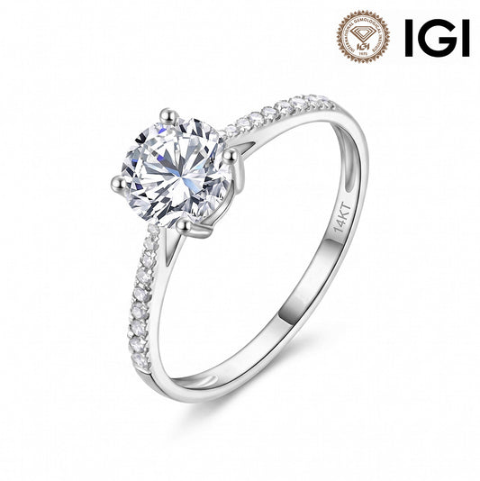 14k white gold round brilliant lab-grown diamond solitaire engagement ring with pave band and IGI logo on white studio background