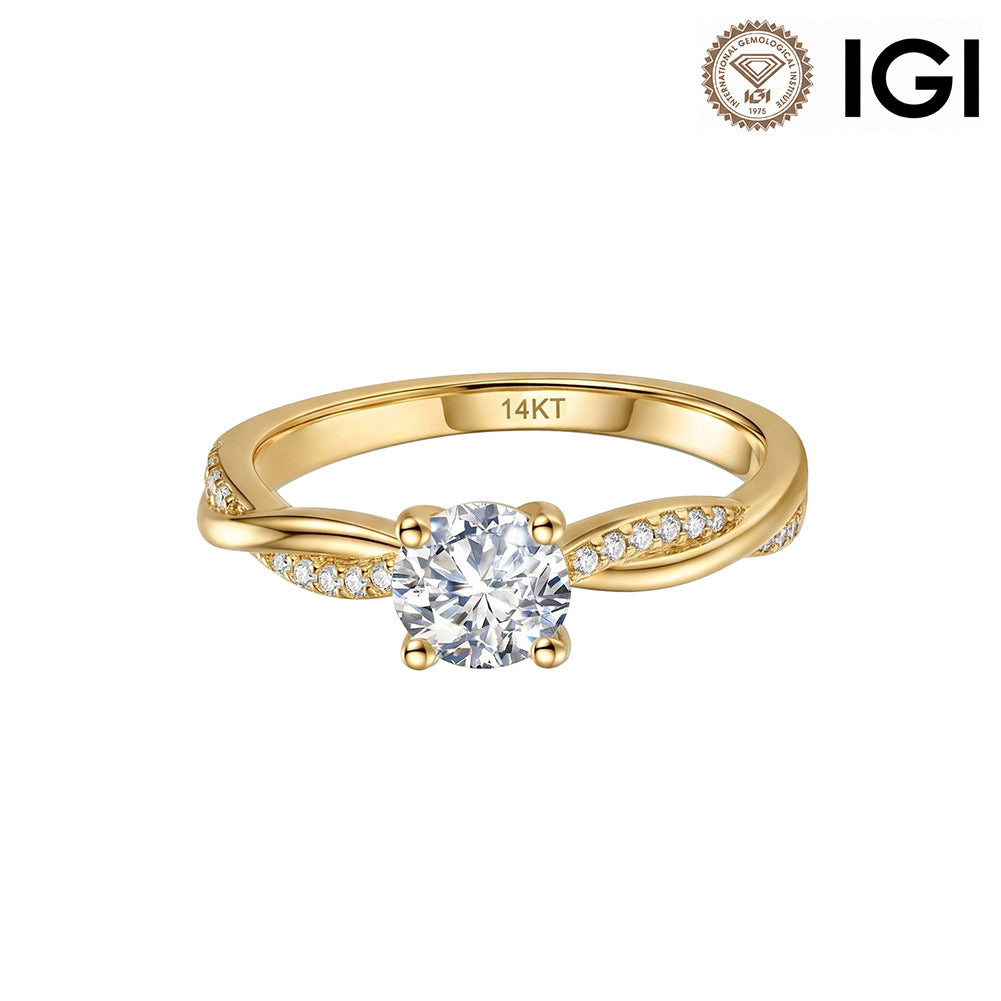 14k yellow gold round cut lab-grown diamond twist vine engagement ring with IGI logo isolated on white studio background