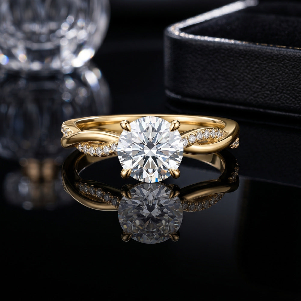 14k yellow gold round cut lab-grown diamond twist vine engagement ring on black reflective background