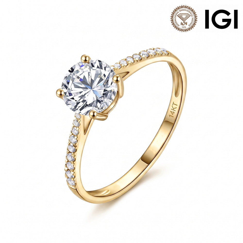 14k yellow gold round brilliant lab-grown diamond solitaire engagement ring with pave band and IGI logo isolated on white studio background