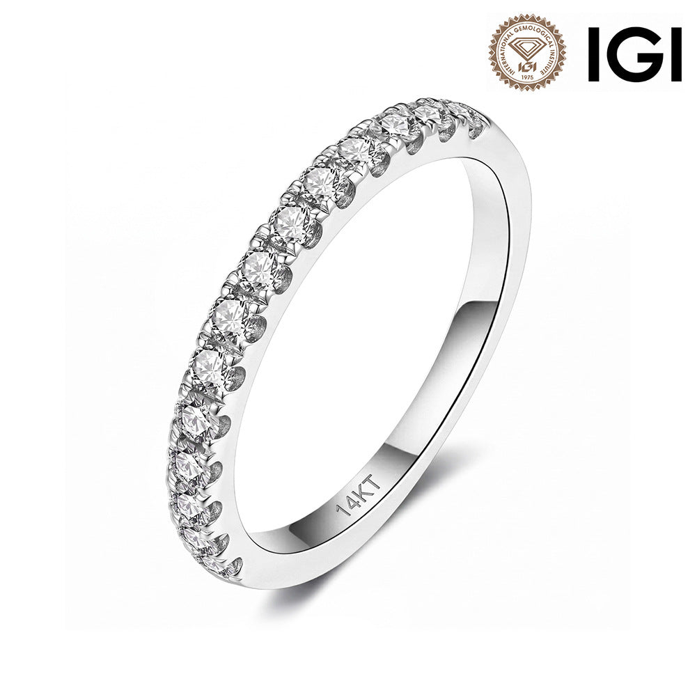14kt white gold round brilliant lab diamond half eternity wedding ring with IGI logo isolated on white background