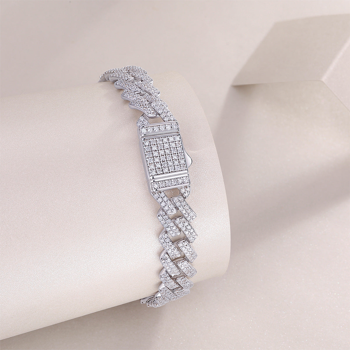 High-definition shot of the bracelet laid flat and fully extended on pure white.