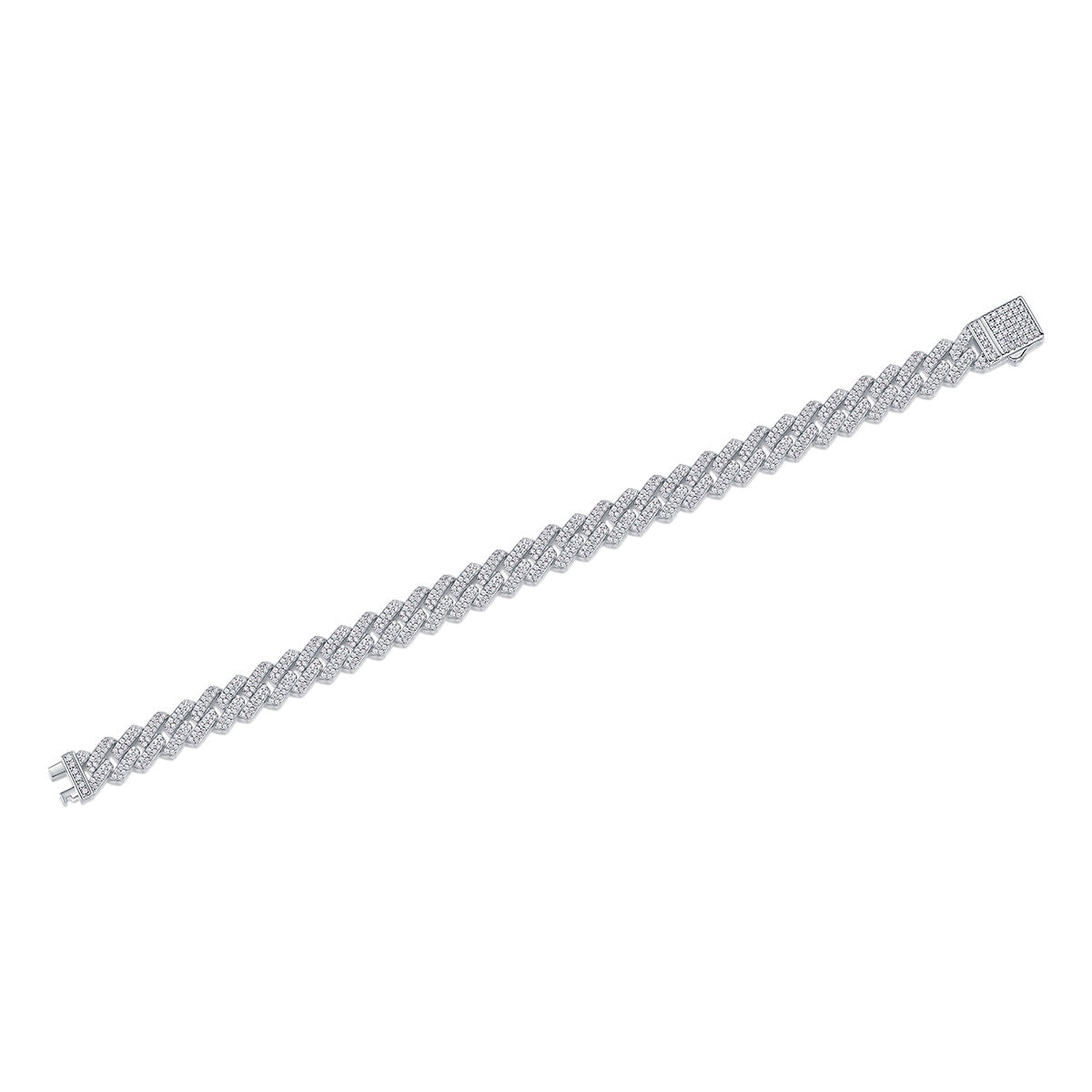 High-definition shot of the bracelet laid flat and fully extended on pure white.