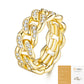  Gold chain ring on neutral background. Alt: “18K Gold Moissanite Cuban Link Ring – Dainty Chain Ring.”