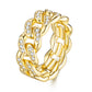  Gold chain ring on neutral background. Alt: “18K Gold Moissanite Cuban Link Ring – Dainty Chain Ring.”
