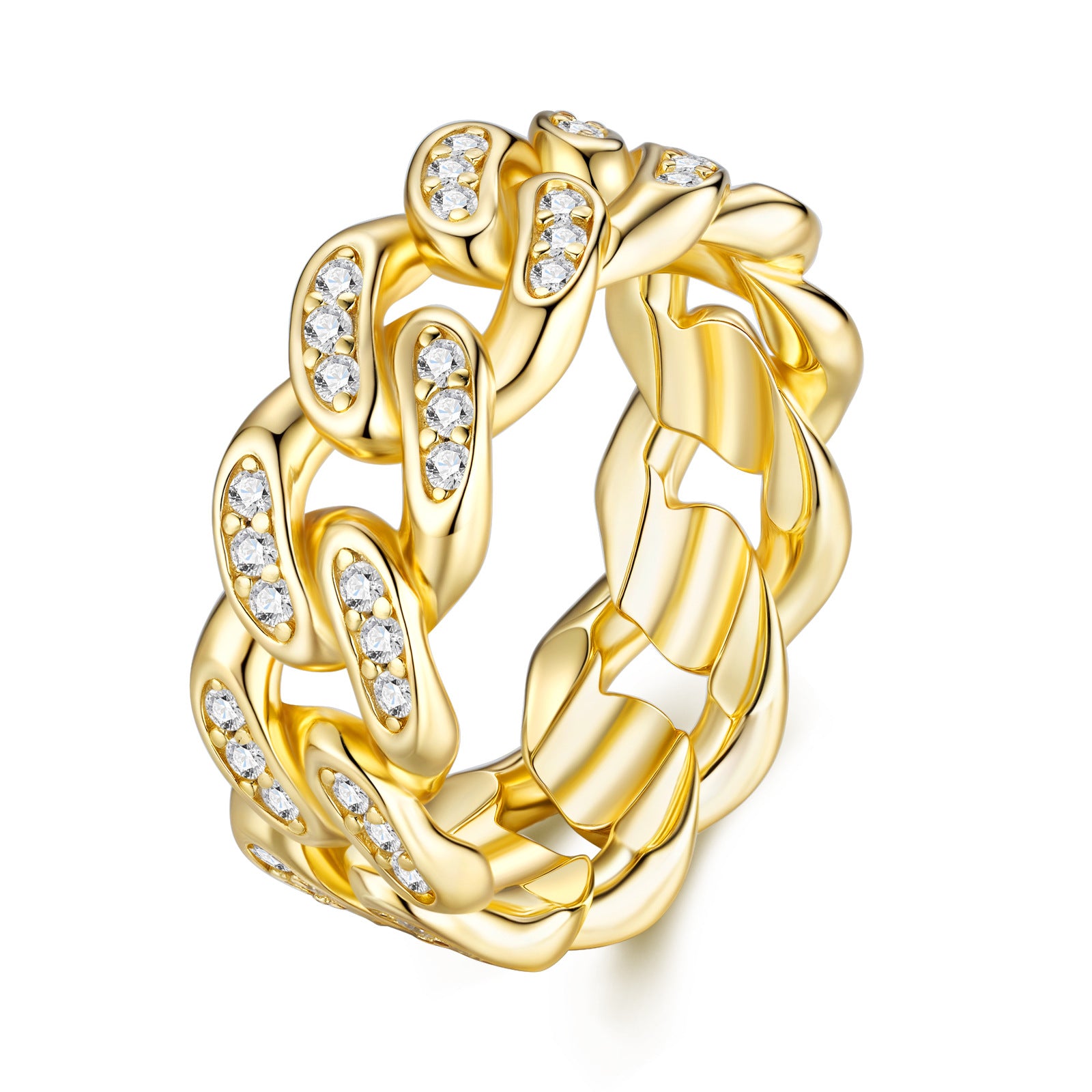  Gold chain ring on neutral background. Alt: “18K Gold Moissanite Cuban Link Ring – Dainty Chain Ring.”