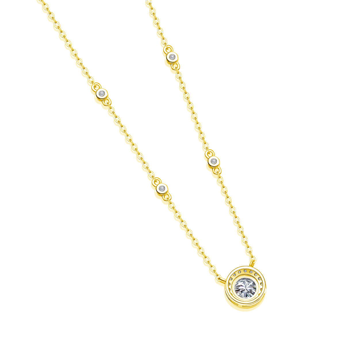 18K gold 1CT lab grown diamond halo station necklace displayed on plain surface.