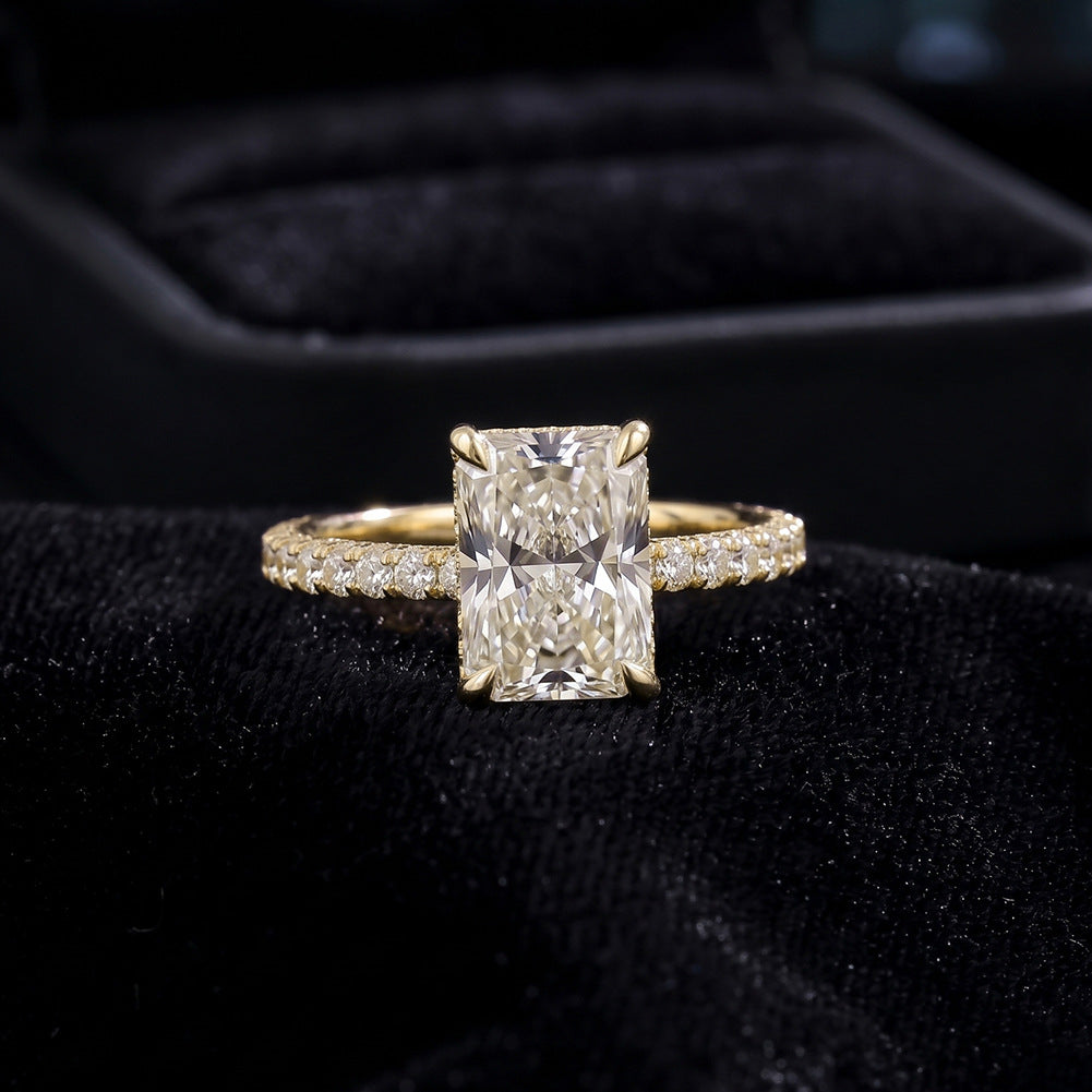 18k yellow gold 1ct radiant cut lab-grown diamond pave engagement ring displayed on black velvet box