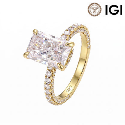 18k yellow gold 2ct radiant cut lab-grown diamond pave engagement ring with IGI logo on white studio background