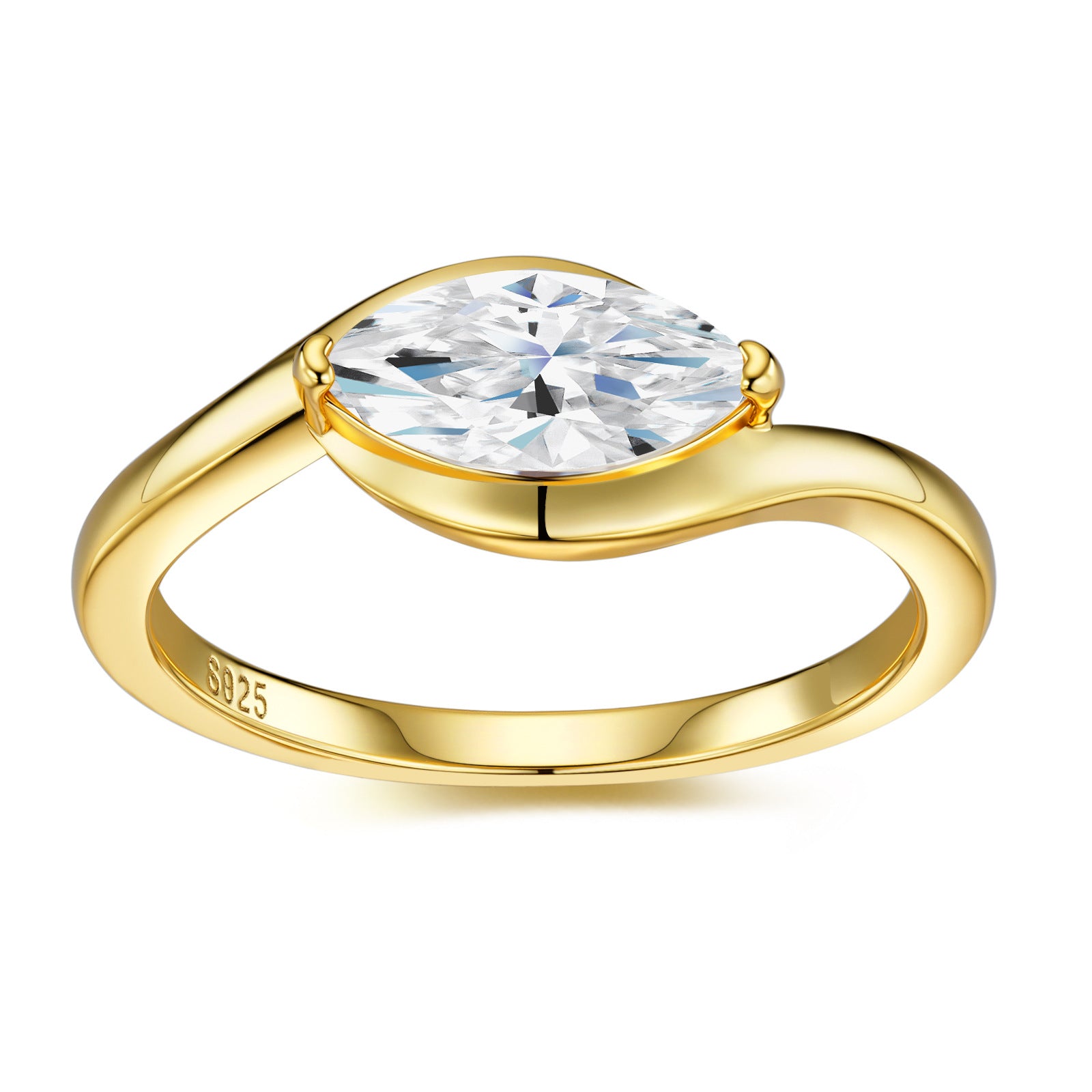 Studio display of 18k gold plated east west marquise moissanite promise ring with fluid bypass setting.