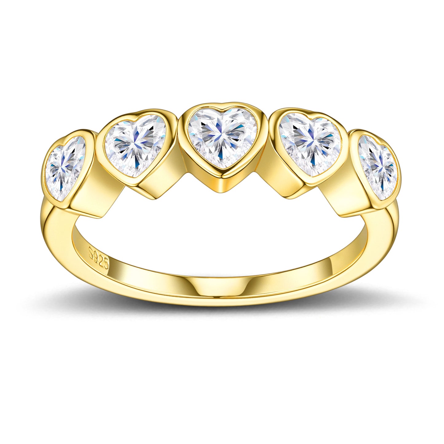 Frontal studio display of an 18k gold plated 925 sterling silver five heart moissanite bezel set ring.