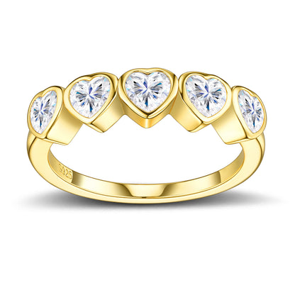 Frontal studio display of an 18k gold plated 925 sterling silver five heart moissanite bezel set ring.