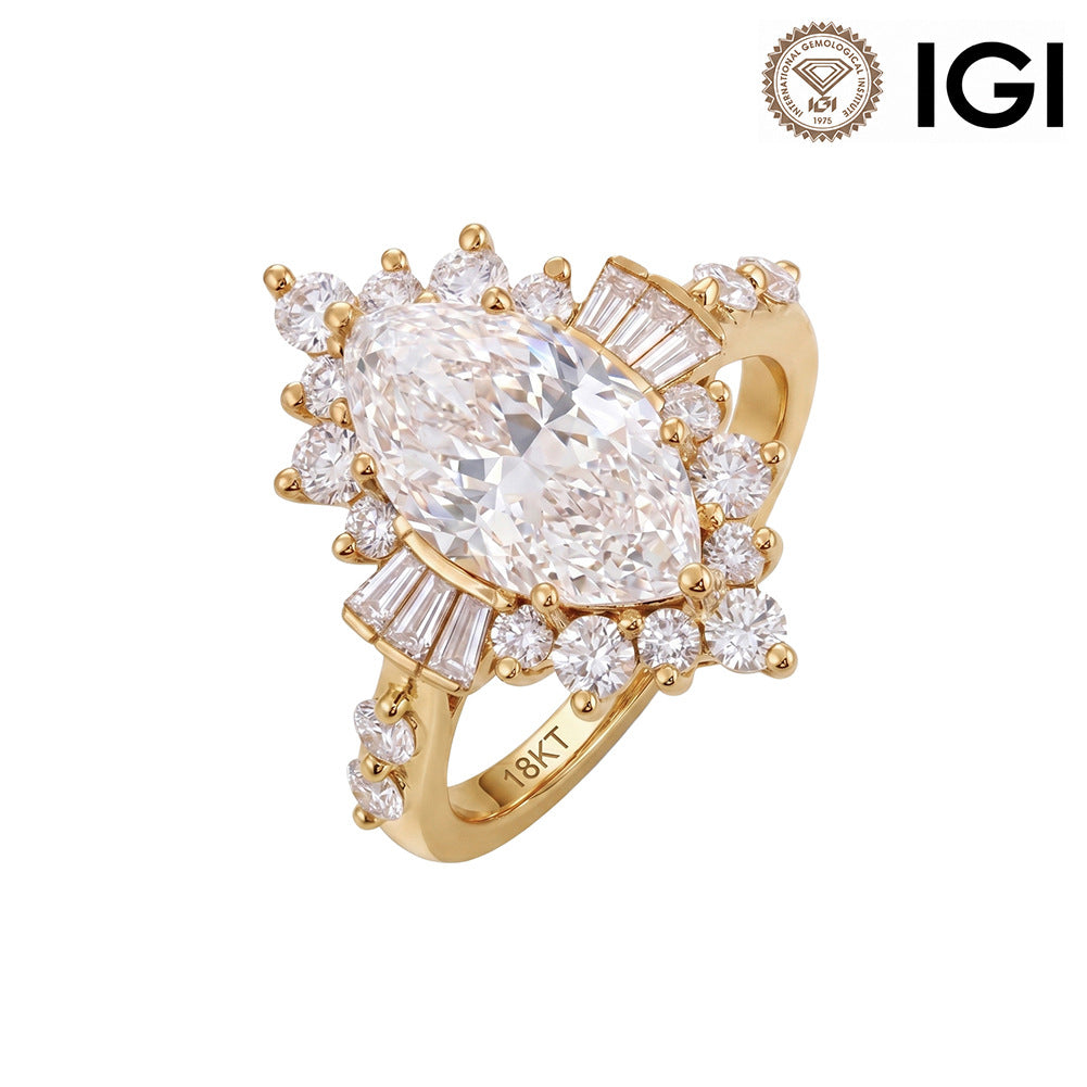 18k yellow gold marquise cut lab diamond starburst halo engagement ring with IGI logo isolated on white background