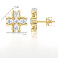 Technical specification chart detailing the height, width, and push back post mechanism of gold moissanite clover studs.