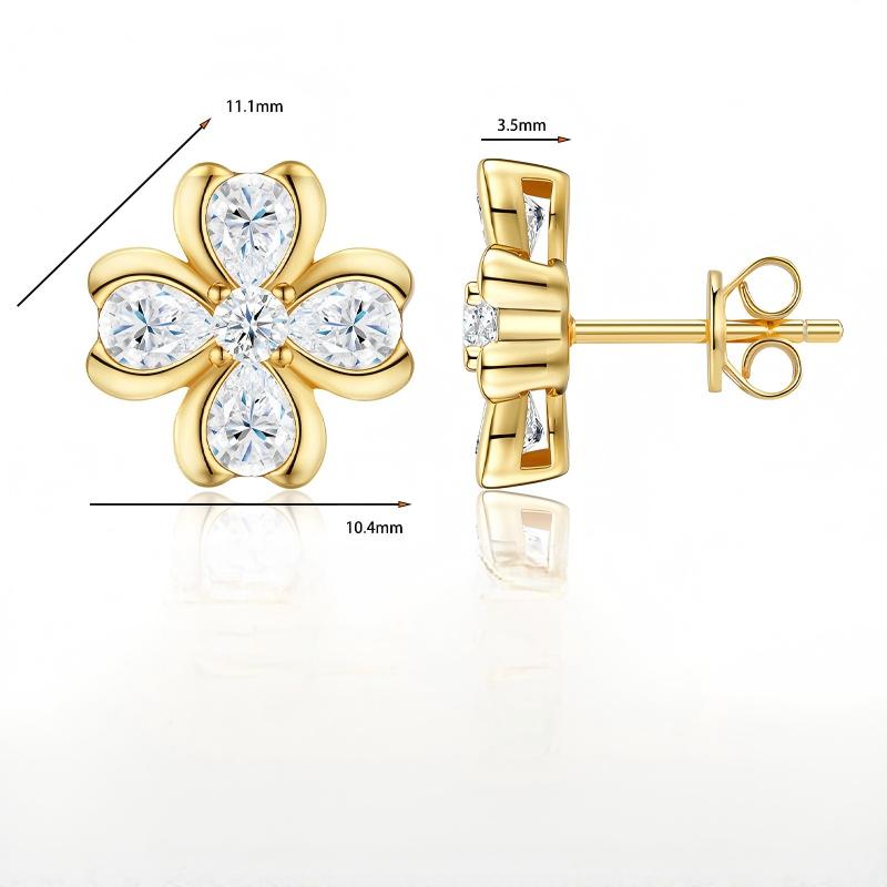 Technical specification chart detailing the height, width, and push back post mechanism of gold moissanite clover studs.