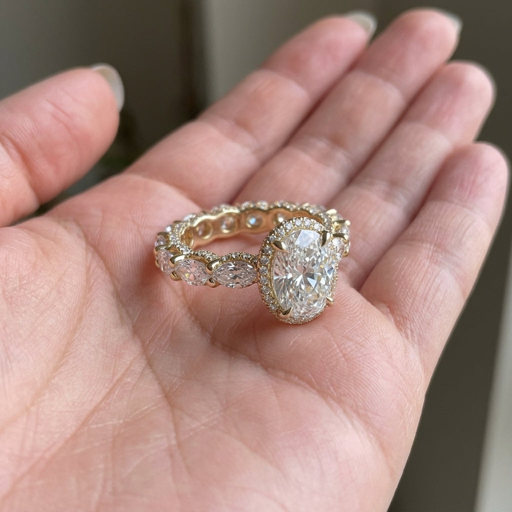 18k yellow gold oval cut lab diamond pave engagement ring resting on open palm showing top profile   