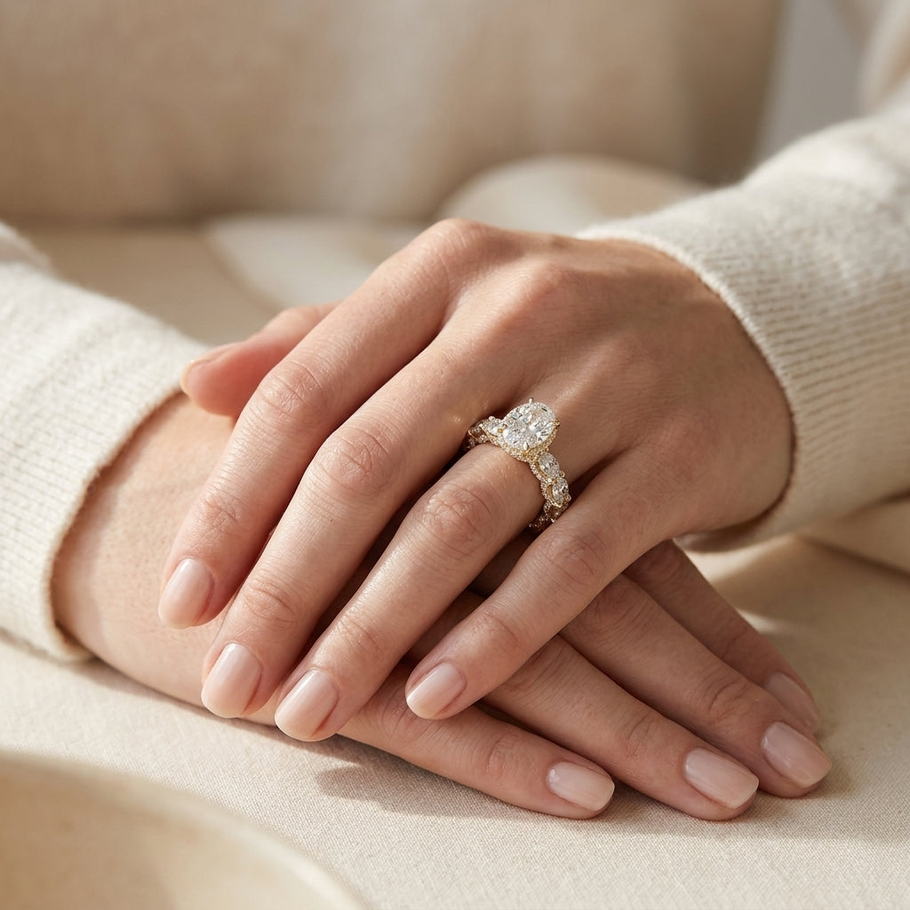 Model with crossed hands wearing 18k yellow gold oval cut lab diamond pave engagement ring