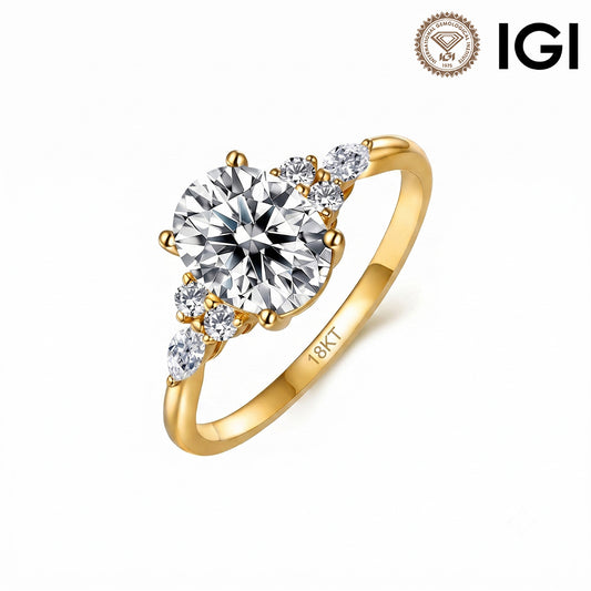 18k yellow gold oval cut lab-grown diamond cluster accent engagement ring with IGI logo isolated on white background