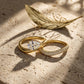 18k yellow gold pear cut lab diamond solitaire engagement ring and matching pave stacking band on stone display
