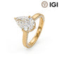 18k yellow gold pear cut lab-grown diamond hidden halo pave engagement ring with IGI logo on white studio background