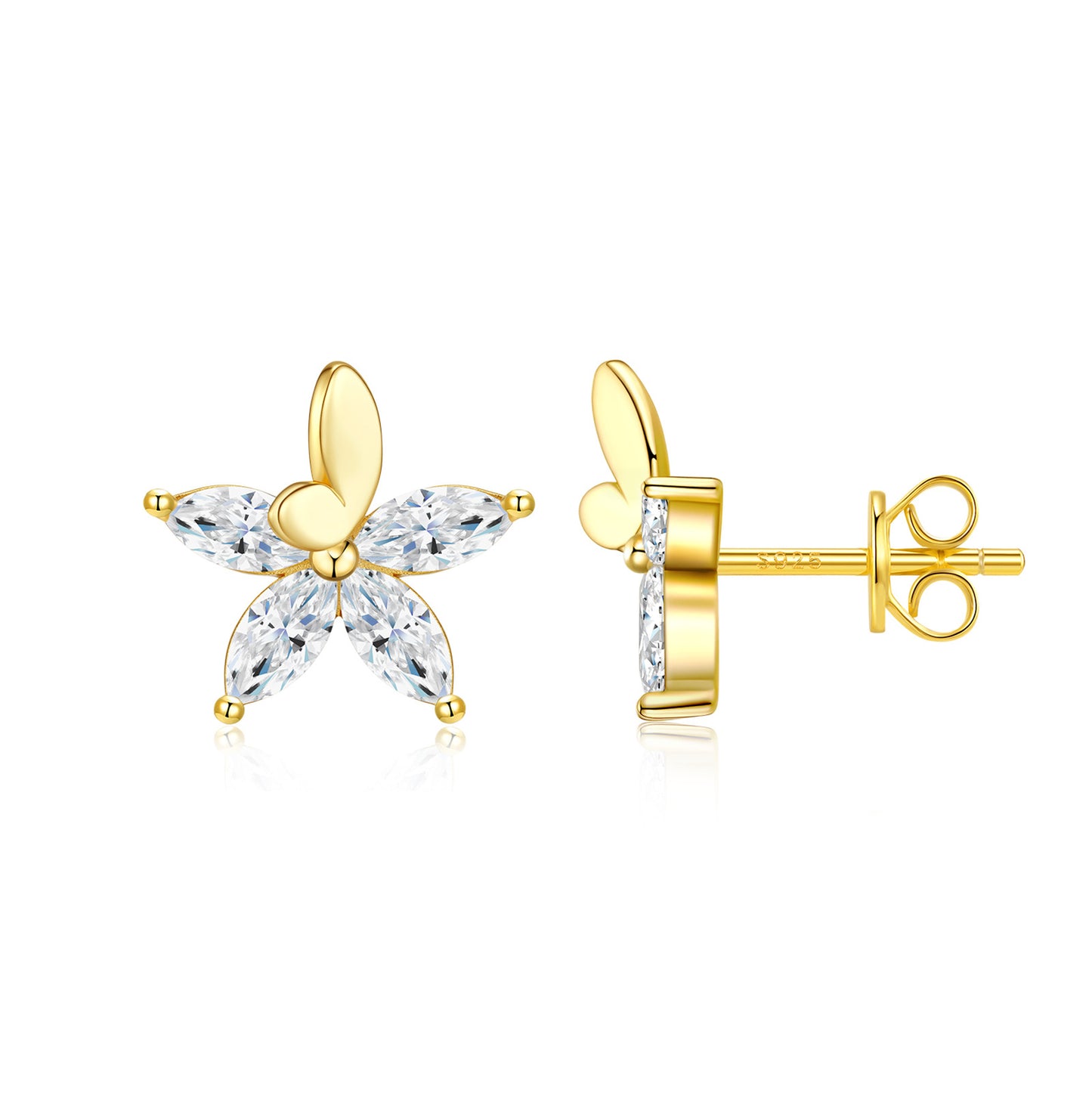 Studio display of 18k gold plated butterfly flower marquise moissanite stud earrings featuring 3D butterfly crest and marquise petals.