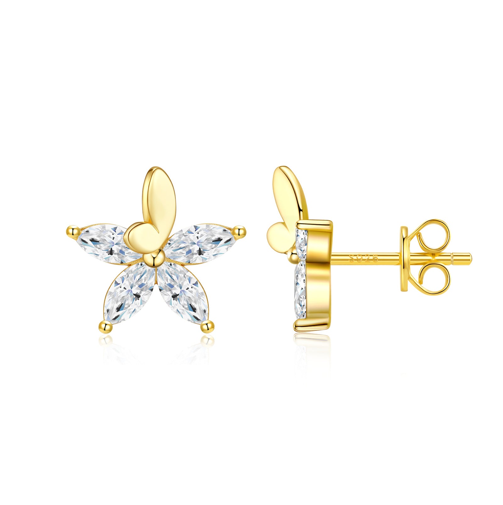 Studio display of 18k gold plated butterfly flower marquise moissanite stud earrings featuring 3D butterfly crest and marquise petals.