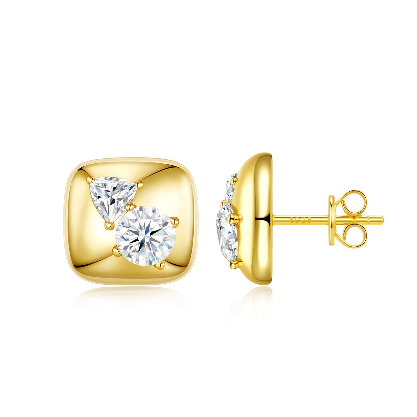 Studio display of 18k gold plated chunky cushion square moissanite stud earrings featuring heart and round cut moissanite accents.