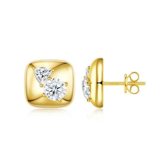 Studio display of 18k gold plated chunky cushion square moissanite stud earrings featuring heart and round cut moissanite accents.