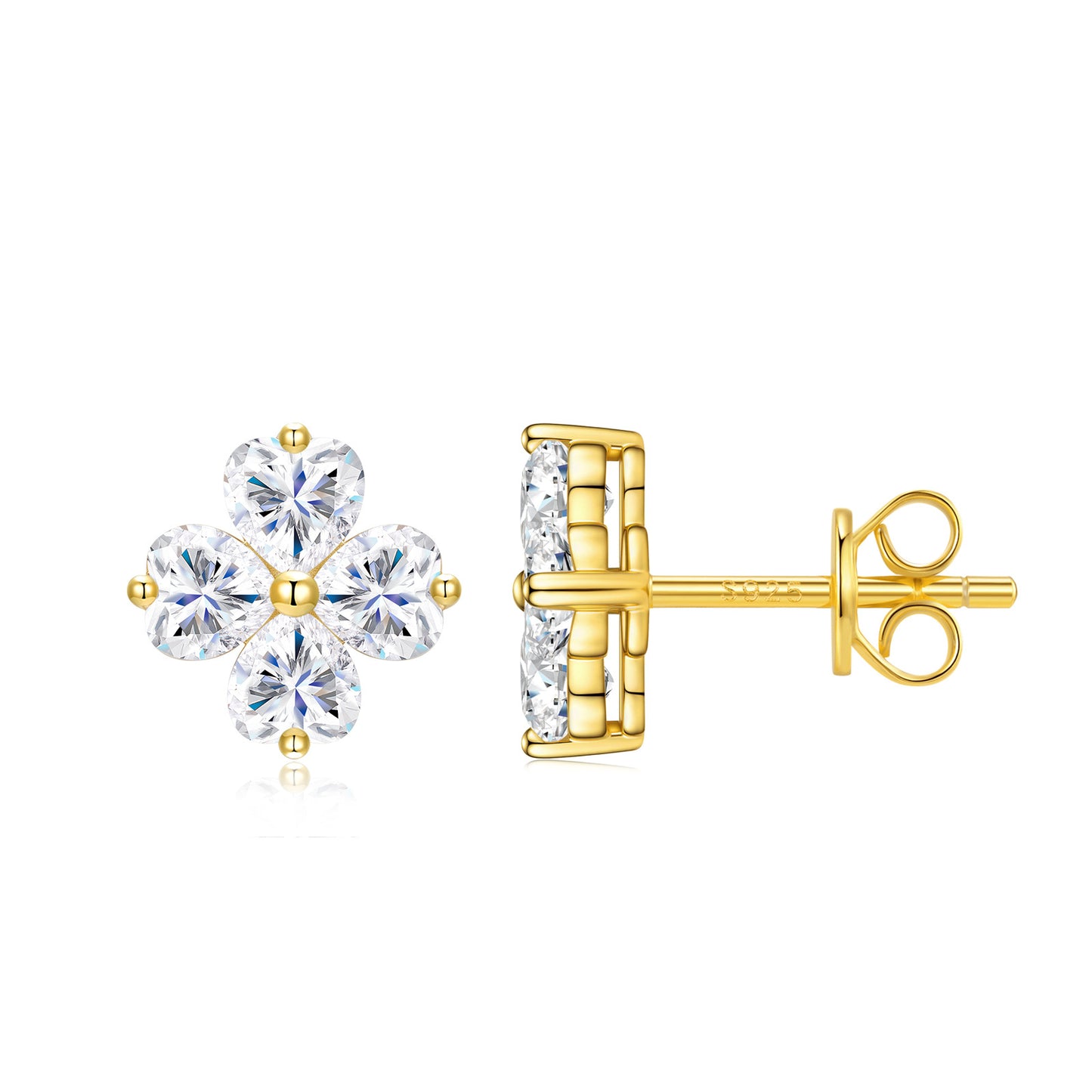 Front and profile studio view of 18k gold plated heart cut moissanite clover stud earrings.