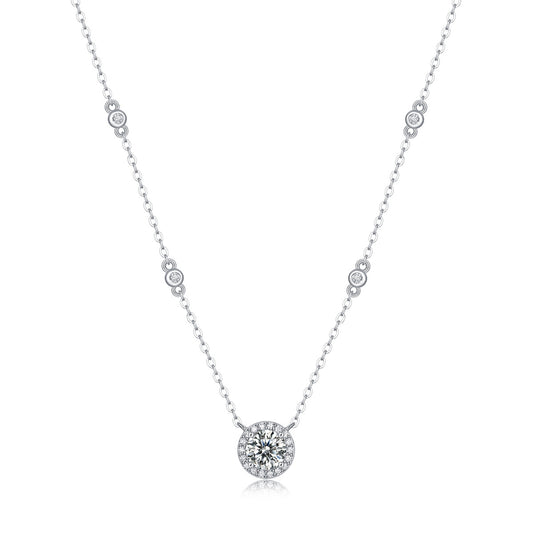 18K gold plated moissanite halo station necklace displaying center pendant and chain accents.
