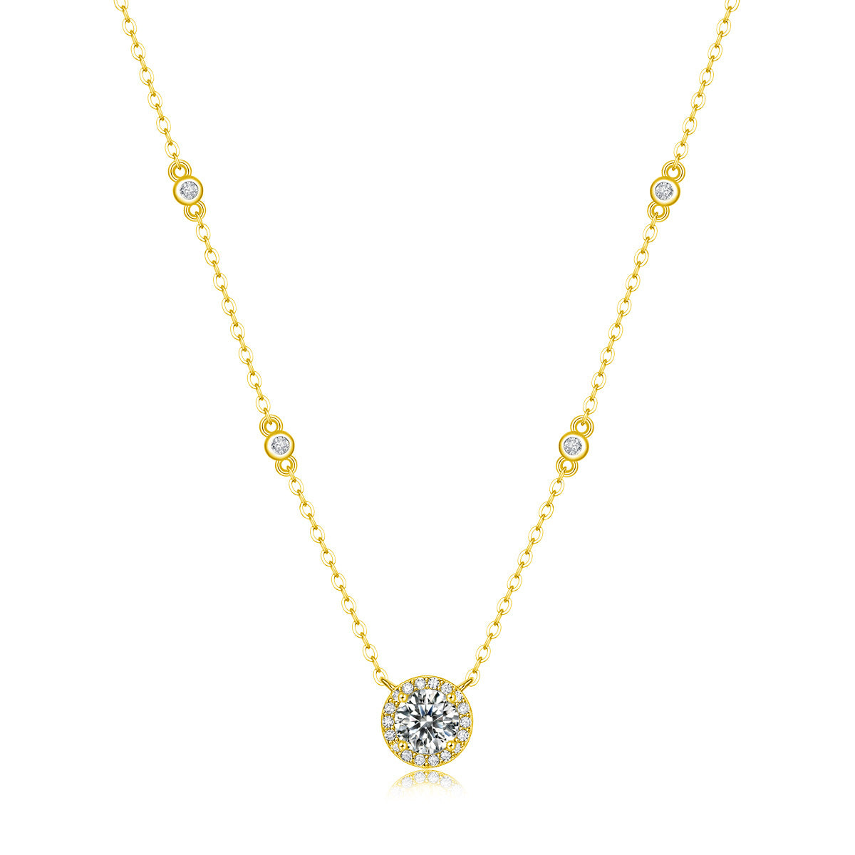 Moissanite halo solitaire pendant with bezel station chain necklace in silver.
