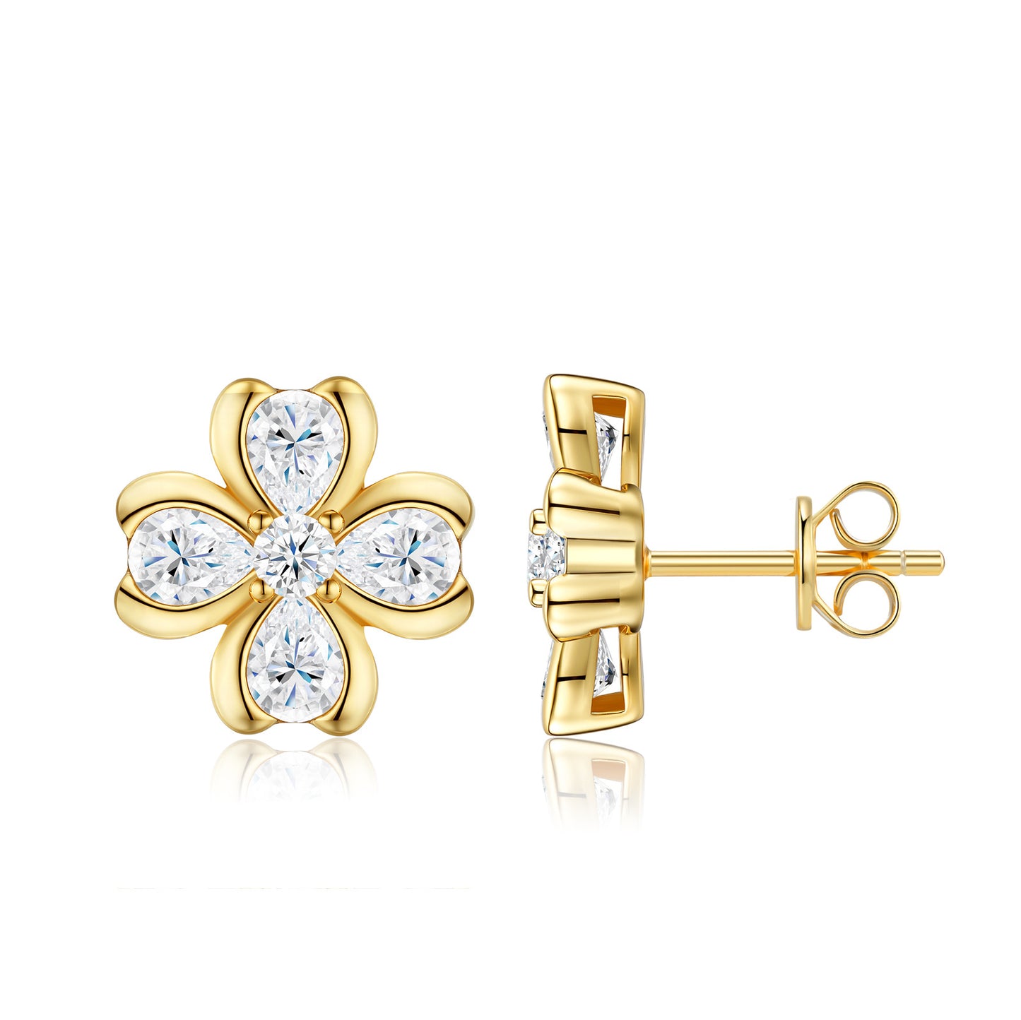 Symmetrical studio view of 18k gold plated pear cut moissanite clover flower stud earrings with central round stone.