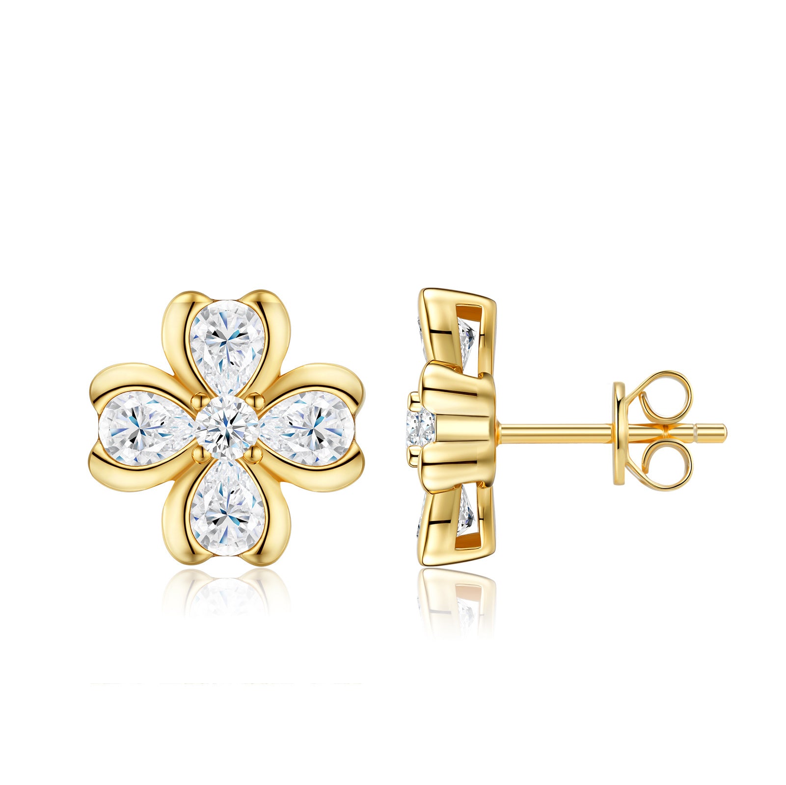 Symmetrical studio view of 18k gold plated pear cut moissanite clover flower stud earrings with central round stone.